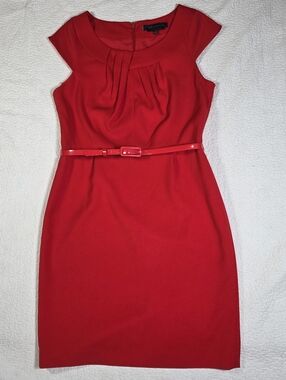 AK Anne Klein Stretch Red Belted Short Cap Sleeve Sheath Dress